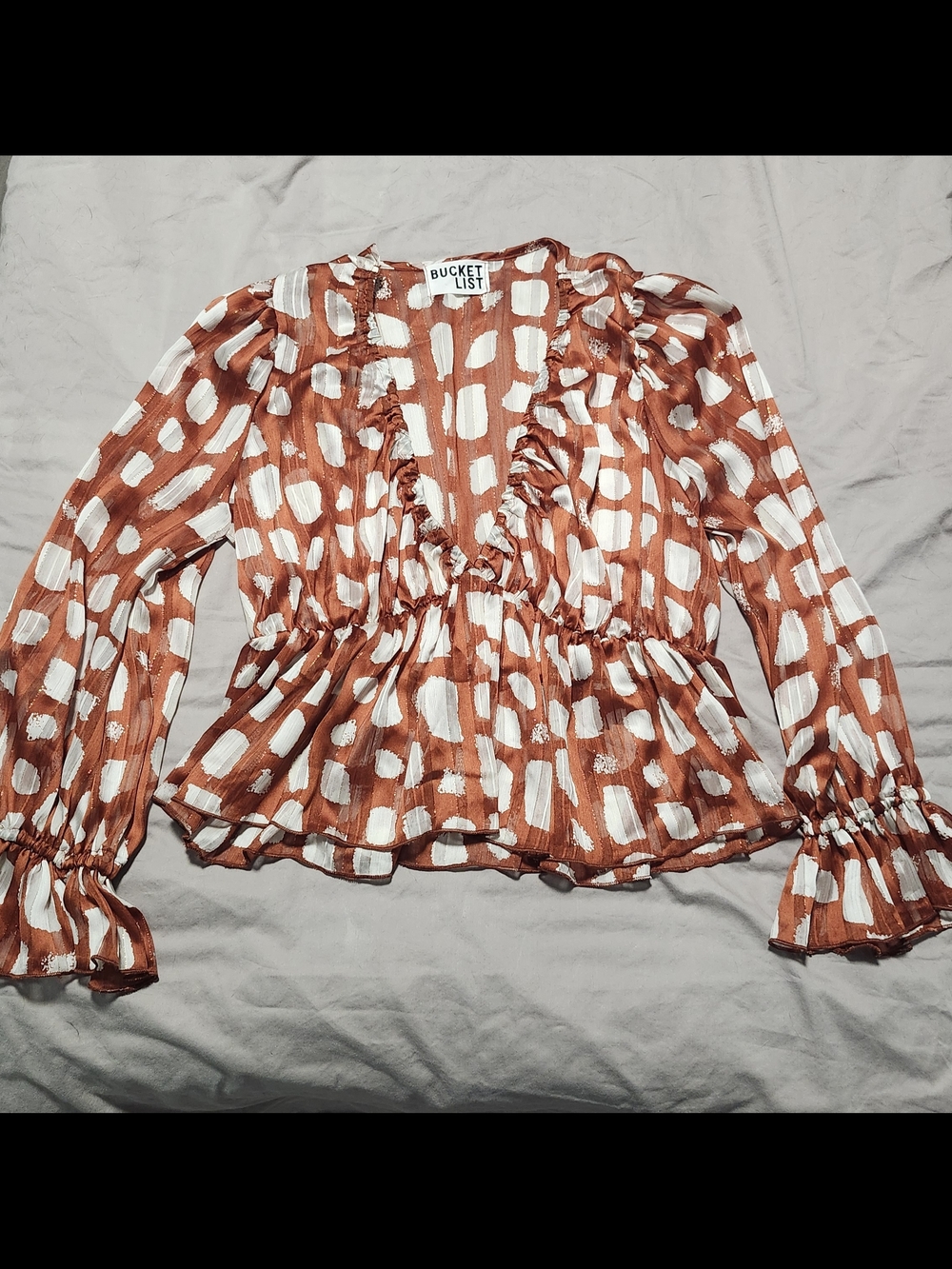 BUCKETLIST Rust and White Ruffle Wrap Blouse